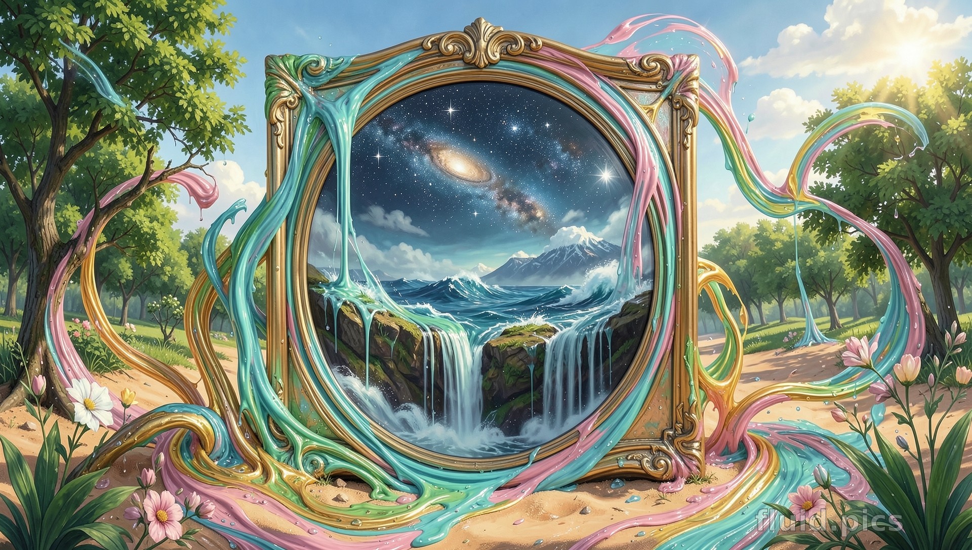 Mirror Pouring Worlds — Hybrid Art